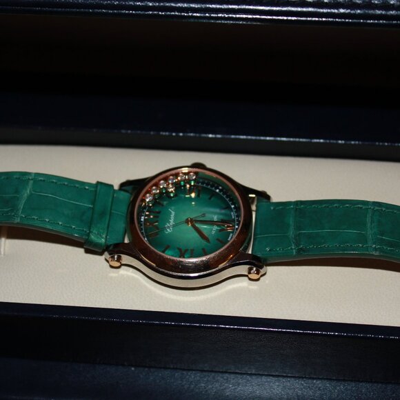 Chopard Happy Sport 36mm 18K Rose Gold Diamond & Green Dial Watch - Picture 1 of 5